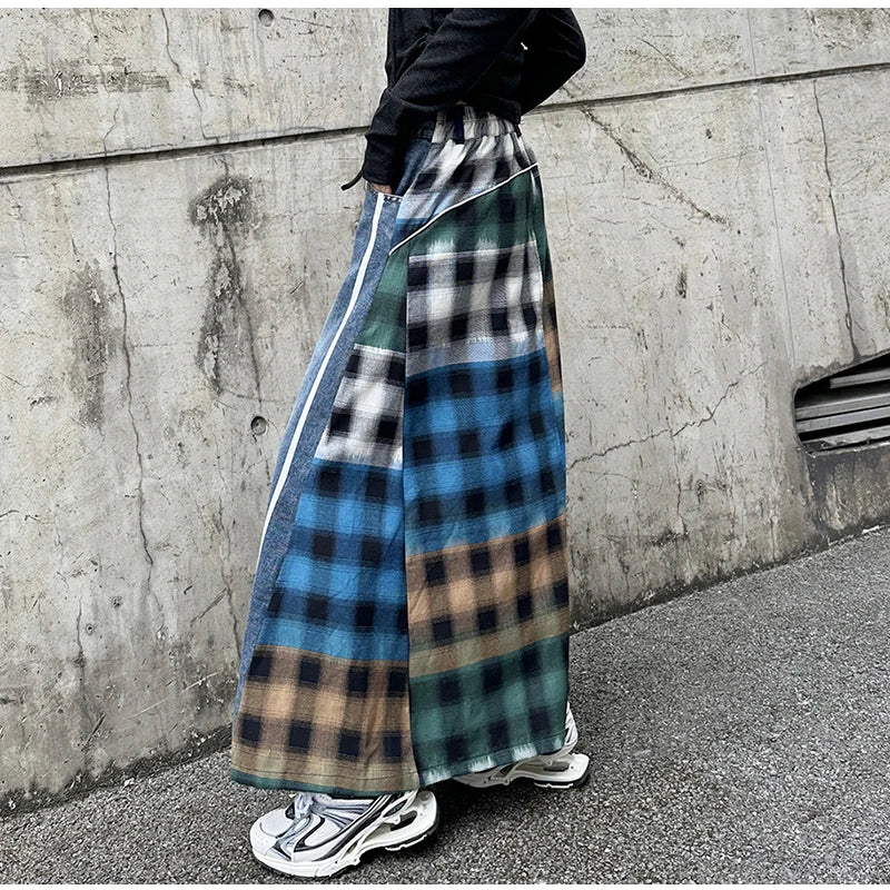 High Fashion Denim Skirt Women Elastic High Waist A-Line Long Skirt Female Colorful Patchwork Plaid Jean Skirt