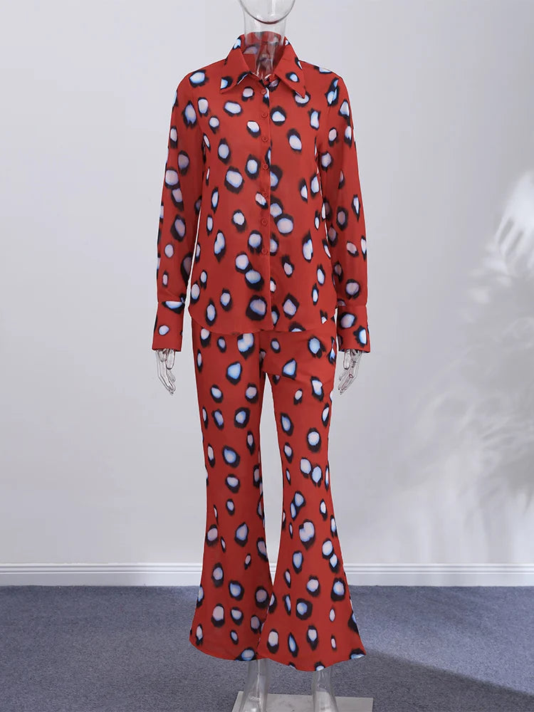Beach Vacation Printed Shirt Pant Set Women Red See Through Lapel Full Sleeve Button Shirts Pants Suit 2026 Summer Casual Outfit