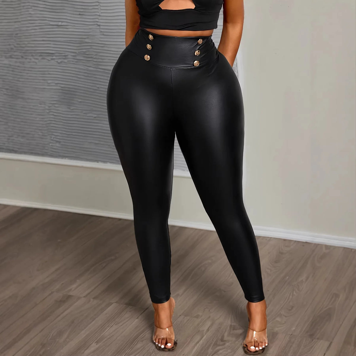 Plus Size Buttoned Slimming High-Waisted PU Leather Pants for Women