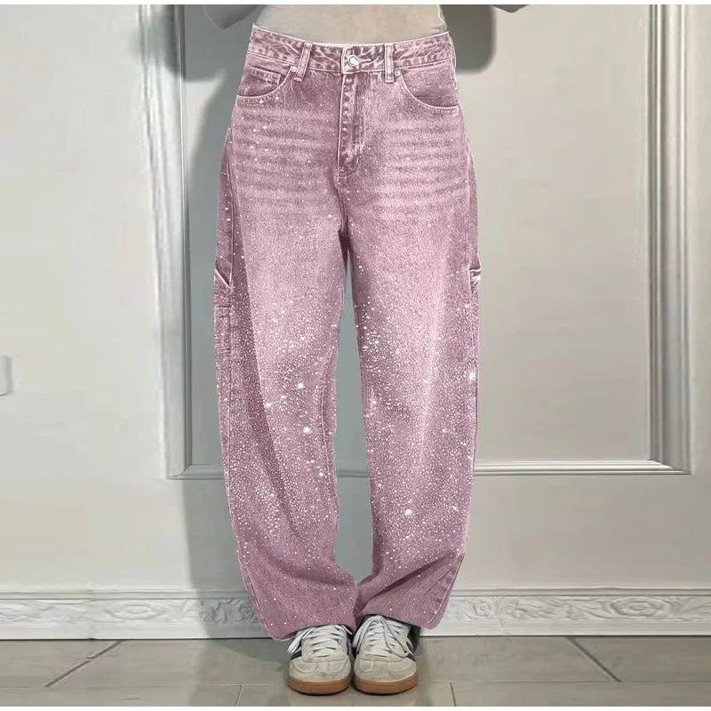 Rhinestone Wide Leg Lady Jeans Diamonds Denim Straigt High Waist Zipper Female Pants 2025 Fashion Pockets Street Lady Trouser