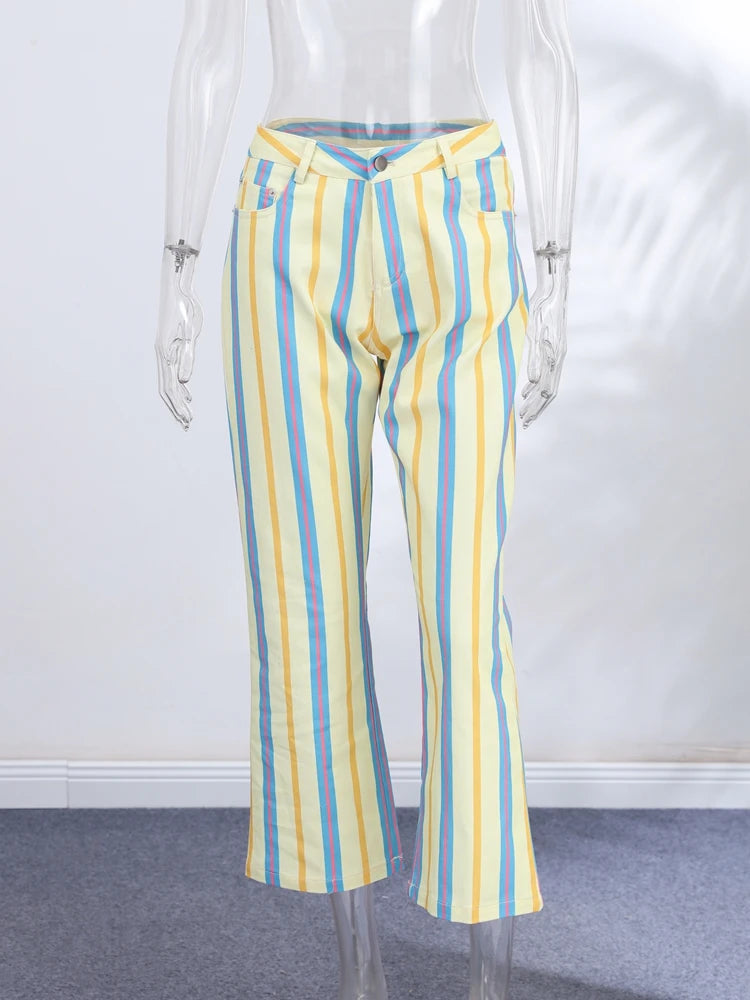 Colorful Striped Wide Leg Trousers Women Bohemian High Waist Multi-color Panelled Slim Straight Pants Fashion Lady Beachwear New