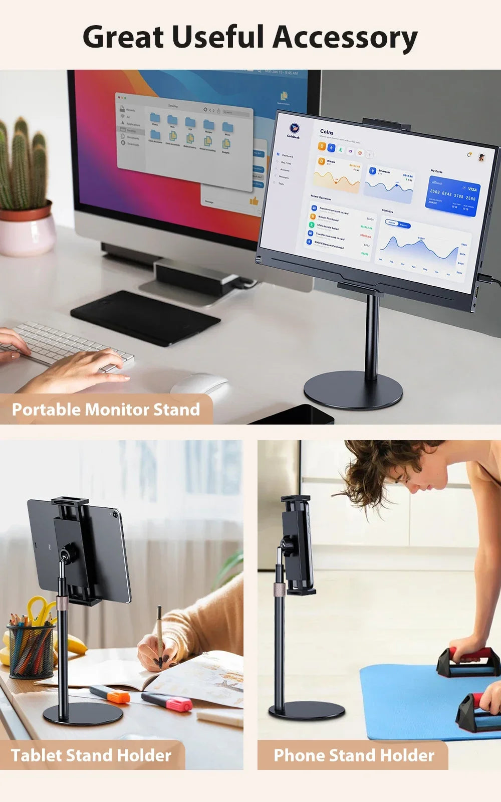 Portable Monitor Tablet Stand Adjustable Height Desktop Monitor Bracket for 4.7-17.3 inch Phone Tablet Monitor Support Holder