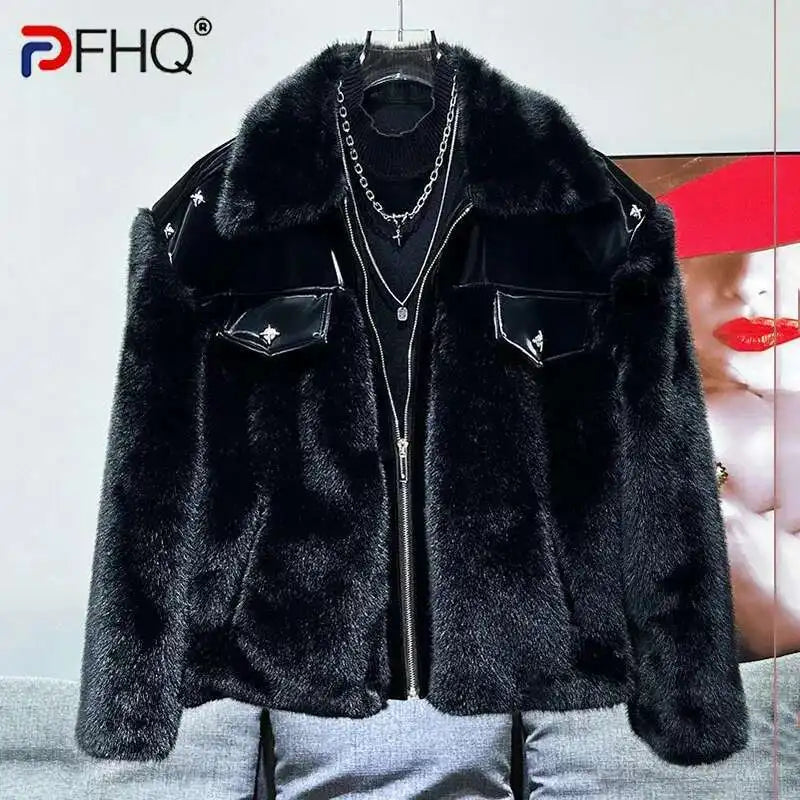 PFHQ Fashionable Patchwork Men's Parka Jacket Cotton Faux Mink Fur Thickened Autumn Winter 2024 Solid Color Warm Tops 21Z7717