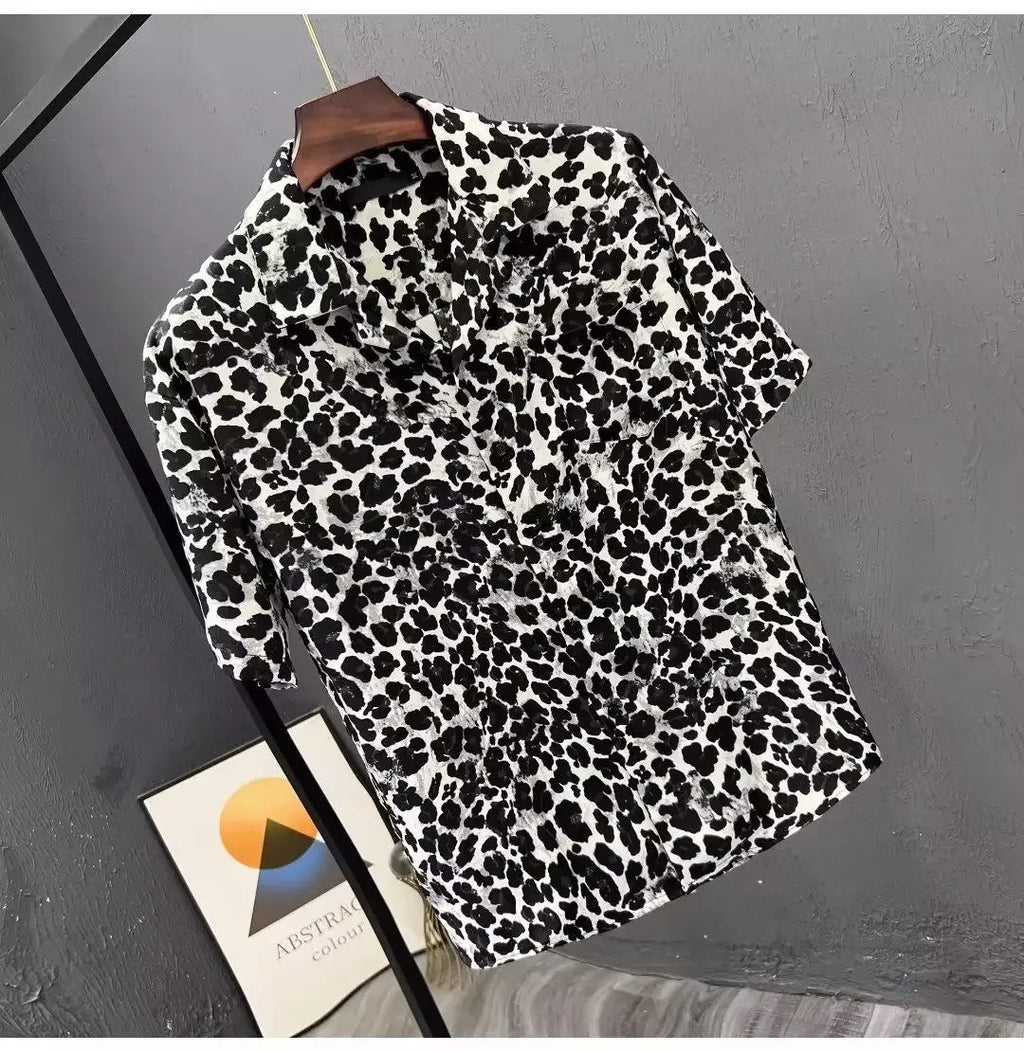 Leopard Print Short-sleeved Shirt Men's Design Niche Fashion Versatile Casual Summer Thin Style 2025 New Trendy Top