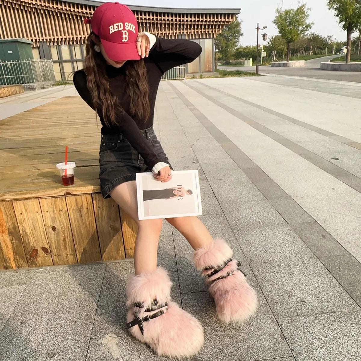 Winter Fur New Design Onepiece Raccoon FurFemale Snow Boots Fur shoes OutdoorMid Leg Boots y2k Cool Pink Girl