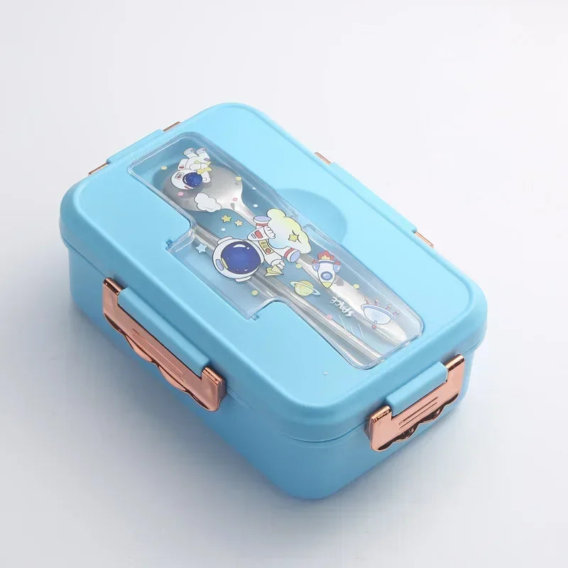 Cartoon Pattern Lunch Box for Students Three Grids Food Grade Plastic Bento Box with Tableware Microwave Heating Office Meal Box