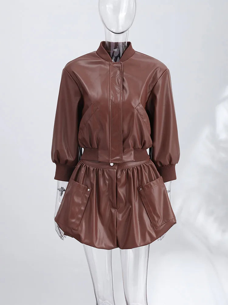 Spring Set Women's Matching Sets Faux Leather Bomber Jacket Two-Piece Set Top Mini Skirt Shorts Pants Woman Clothes Streetwear