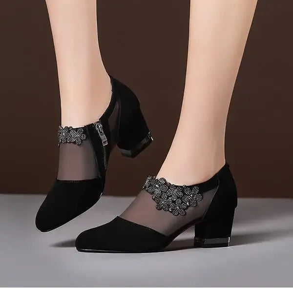 Summer Women High Heel Shoes Mesh Breathable Pumps Zip Pointed Toe Thick Heels Fashion Female Dress Shoe Autumn Elegant Footwear