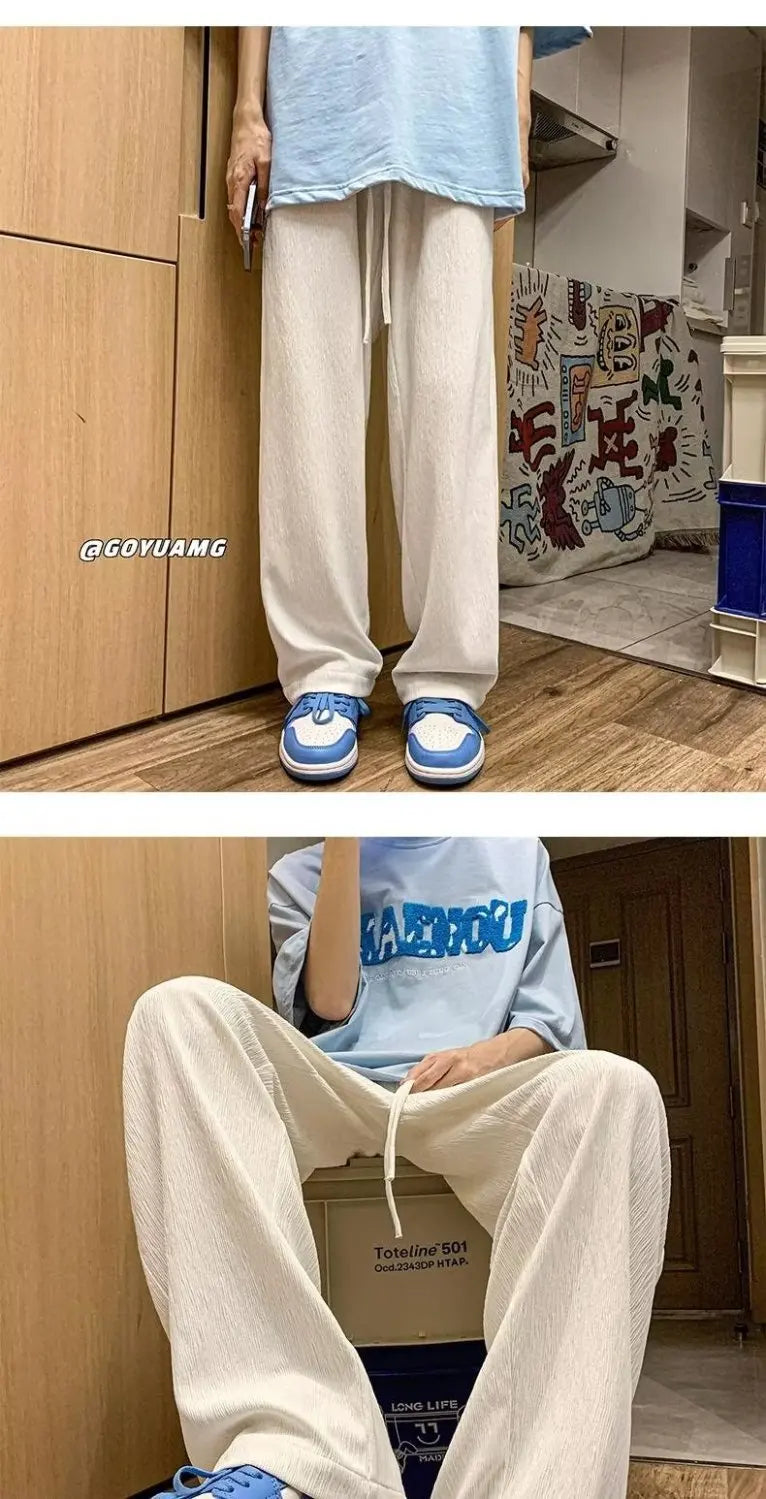 Summer Korean Fashion Simple Ice Silk Wide Leg Pants Men Solid Elastic Waist Pockets Thin High Street Loose Straight Trousers