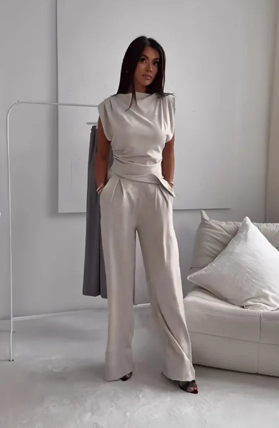 Women's Sleeveless Asymmetric Top & Wide Leg Pants Set Solid Color High Waist Casual Two Piece Outfit Office Lady Simple Set