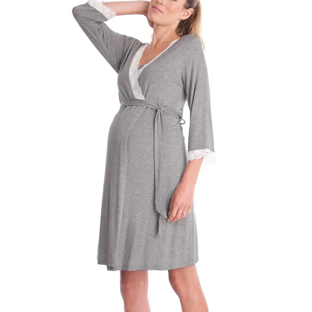 Fashion Lace Three-quarter Sleeve Maternity Nightdress Loose Bathrobe Pregnant Women Nightgown