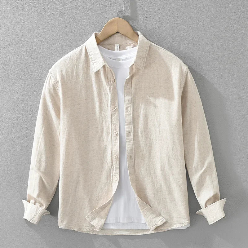 7369 Cotton Linen White Shirt for Men Good Quality Solid Color Simple Basic Long Sleeve Loose Casual Lapel Blouse Breathable Top