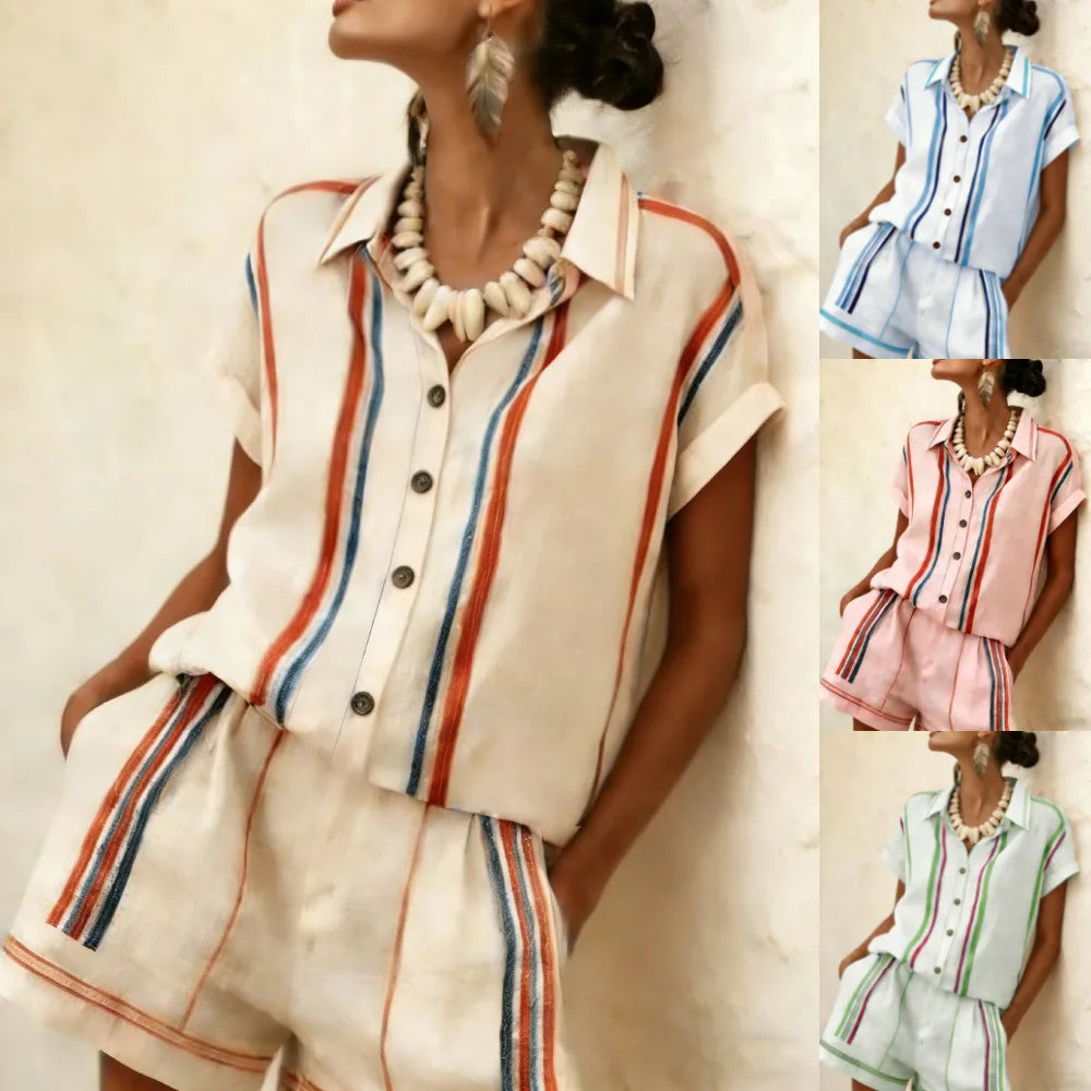 2026 Women Two-piece Set  Vertical Striped Top Women's Summer Loose Casual Versatile Lapel-neck Shorts Sleeve Shirt Shorts Suit