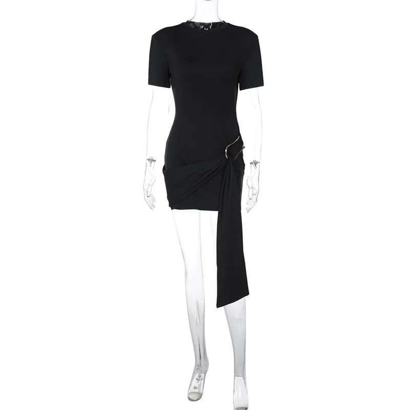 Elegant Mini Dress Woman Ribbons Slim O-neck Short Sleeve Above Knee Dresses Female Spring Summer Party Robe Lady High Street