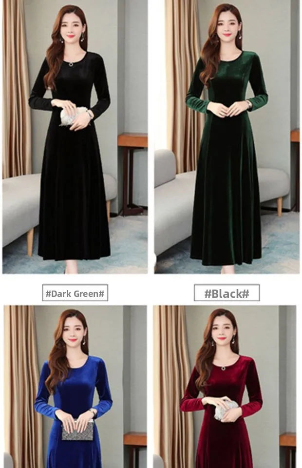 Elegant Long Velvet Dress Women's Autumn Winter New Style Knee-Length A-Line Skirt Polyester Fabric Regular Sleeve round Neck