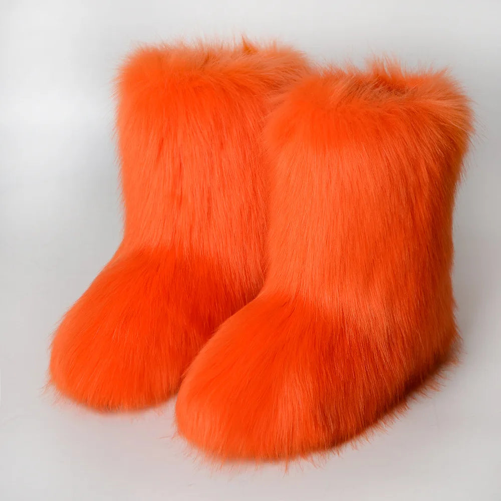 Women's Winter Snow Boots Outdoor Luxury Furry Faux Fox Fur Boots Woman Plush Warm Platform Shoes New Fashion Bottes Big Size 46