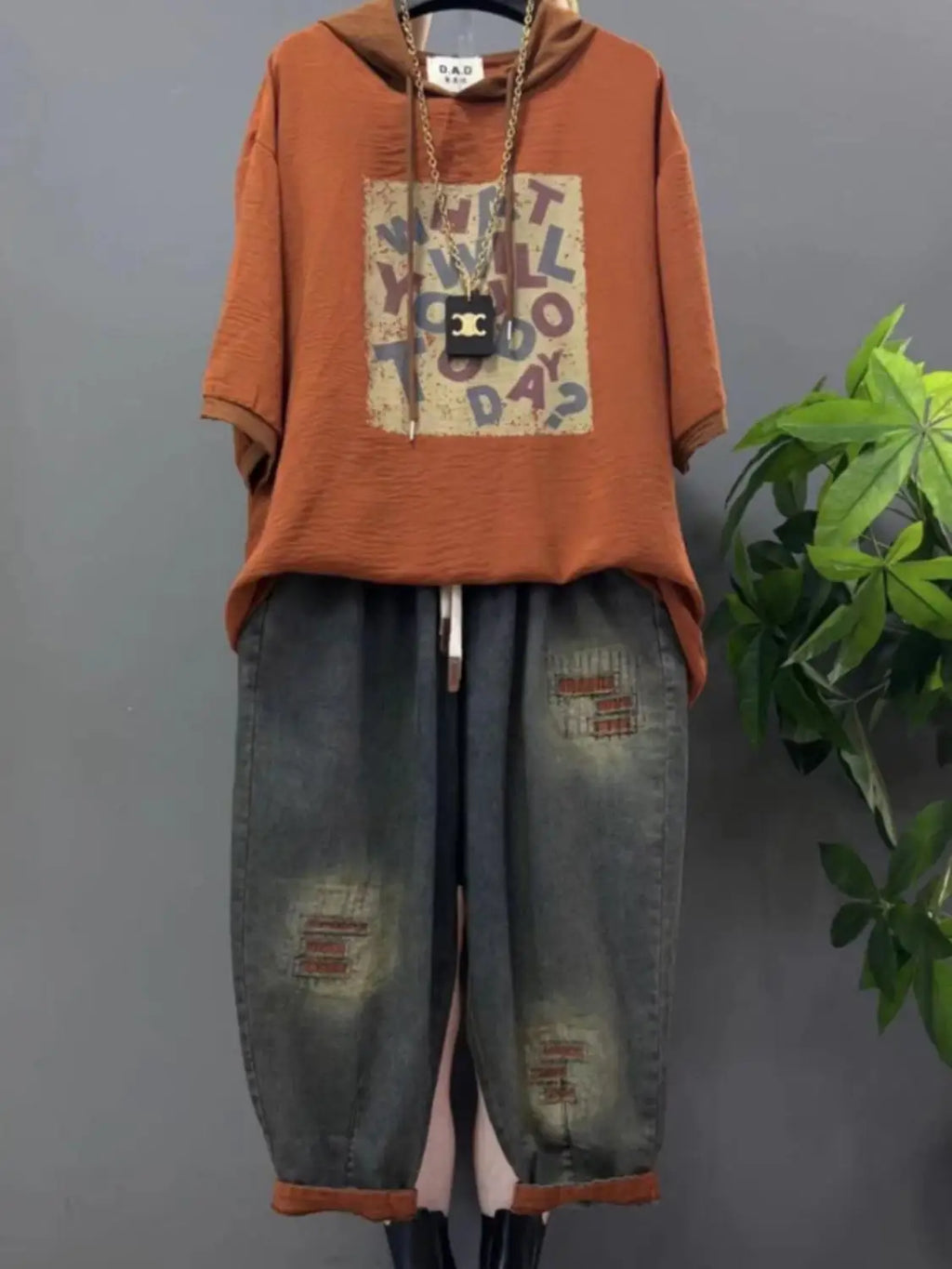 Vintage Plus Size Jeans Set Women's Two-Piece Outfit Casual Suit Denim Pants  Ladies Hooded T-Shirt Printed Jeans Sets