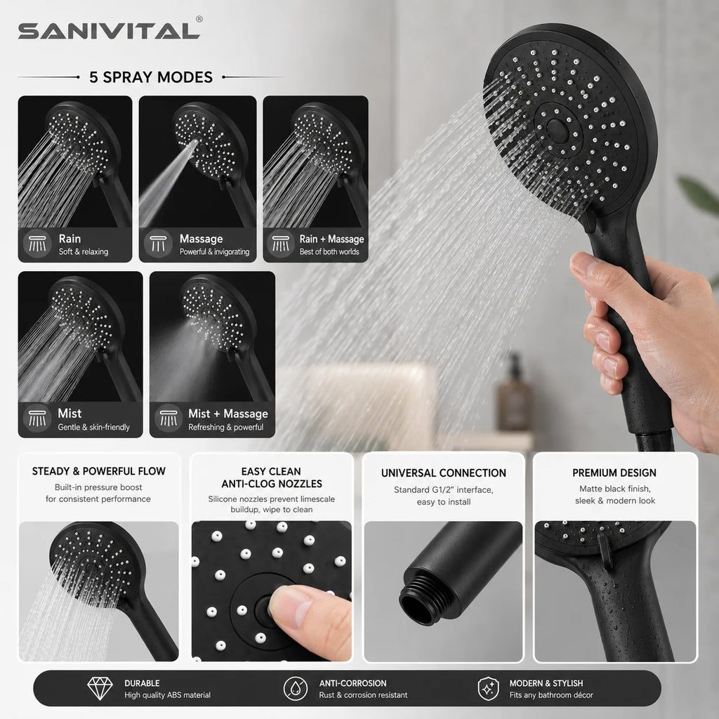 SANIVITAL Matte Black Handheld Shower Head with 5 Spray Modes High Pressure Anti-Clogging Bathroom Sprayer