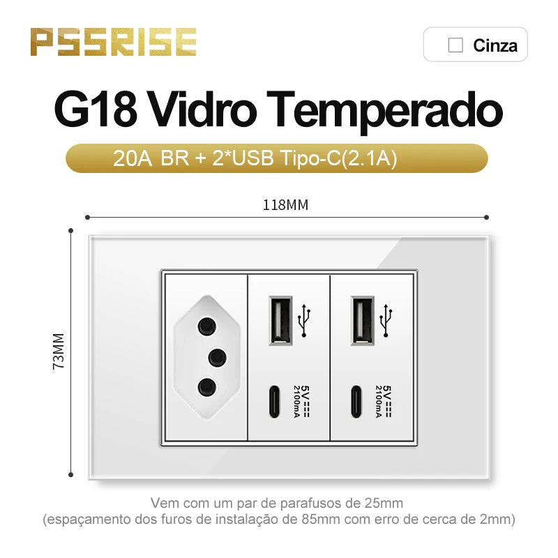 PSSRISE White Tempered Glass Standard sockets and switches brazil Switzerland Usb Type C Wall Socket Light Switch Smart Switch