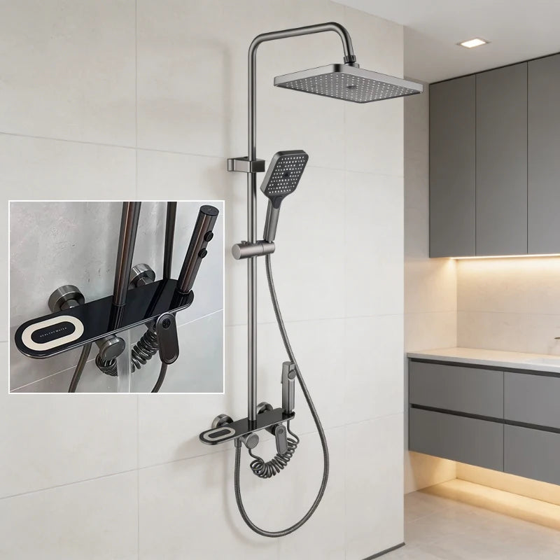 Four Ways Water Outlet Brass Bathroom Shower Set Hot Cold Bathroom Shower Faucet Full Set Grey/Chrome Rainlfall Shower System