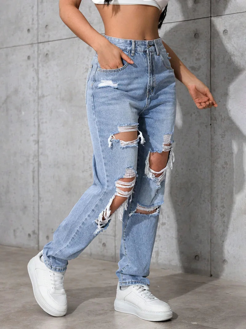 Women's High Waist Ripped Denim Jeans with Distressed Knee Holes and Straight Leg Fit for Casual Streetwear Fashion