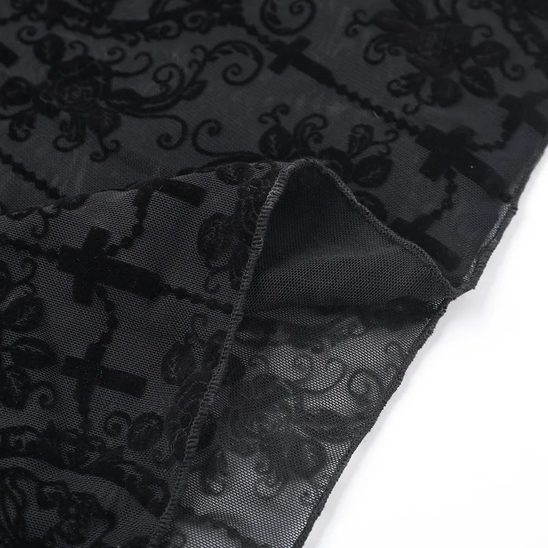 AltGoth Gothic Dark Flocking Pants Women Streetwear Aesthetic Emo Alt Grunge See Through Lace-up High Waist Flare Pants Female