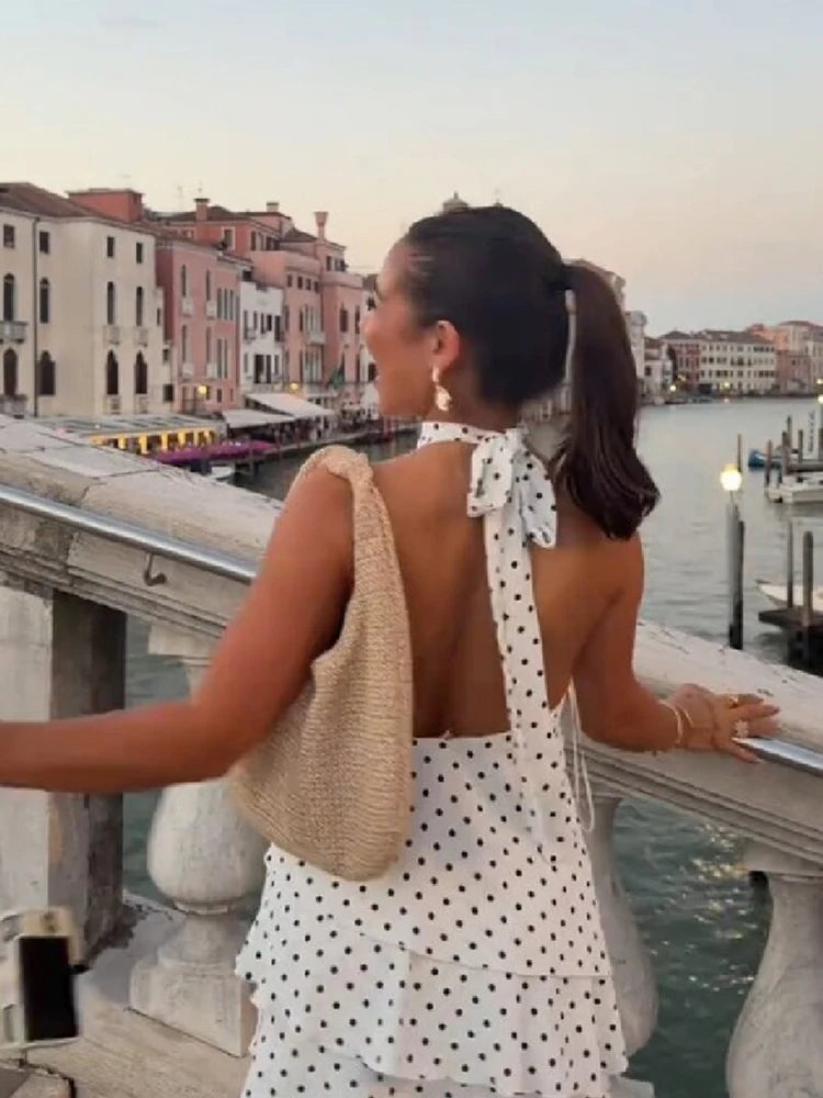 Sweet Chic Polka Dot Mini Dress Vintage Halter Neck Ruffle Tiered Layered Women Dresses Summer Vacation Party Stylish Streetwear