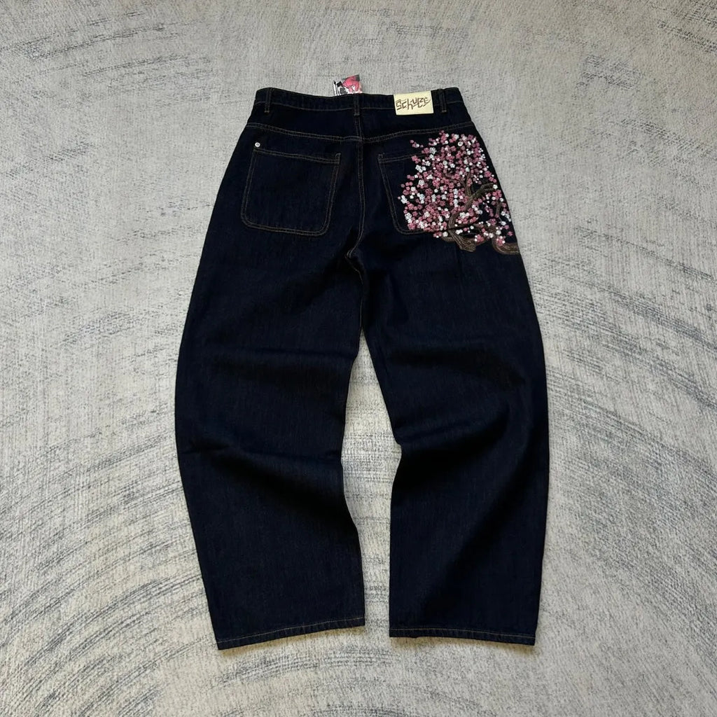 Vintage Denim Gold Wings Embroidered Baggy Jeans Women Streetwear Washed Light Blue Spicy Girl Micro Bellbottom Wide Leg Pants