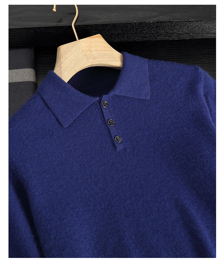Autumn/Winter Men's 100% Cashmere Pullover Business Casual Solid Knitted Sweater Loose POLO Collar Tops Basic Thick Warm Jumper