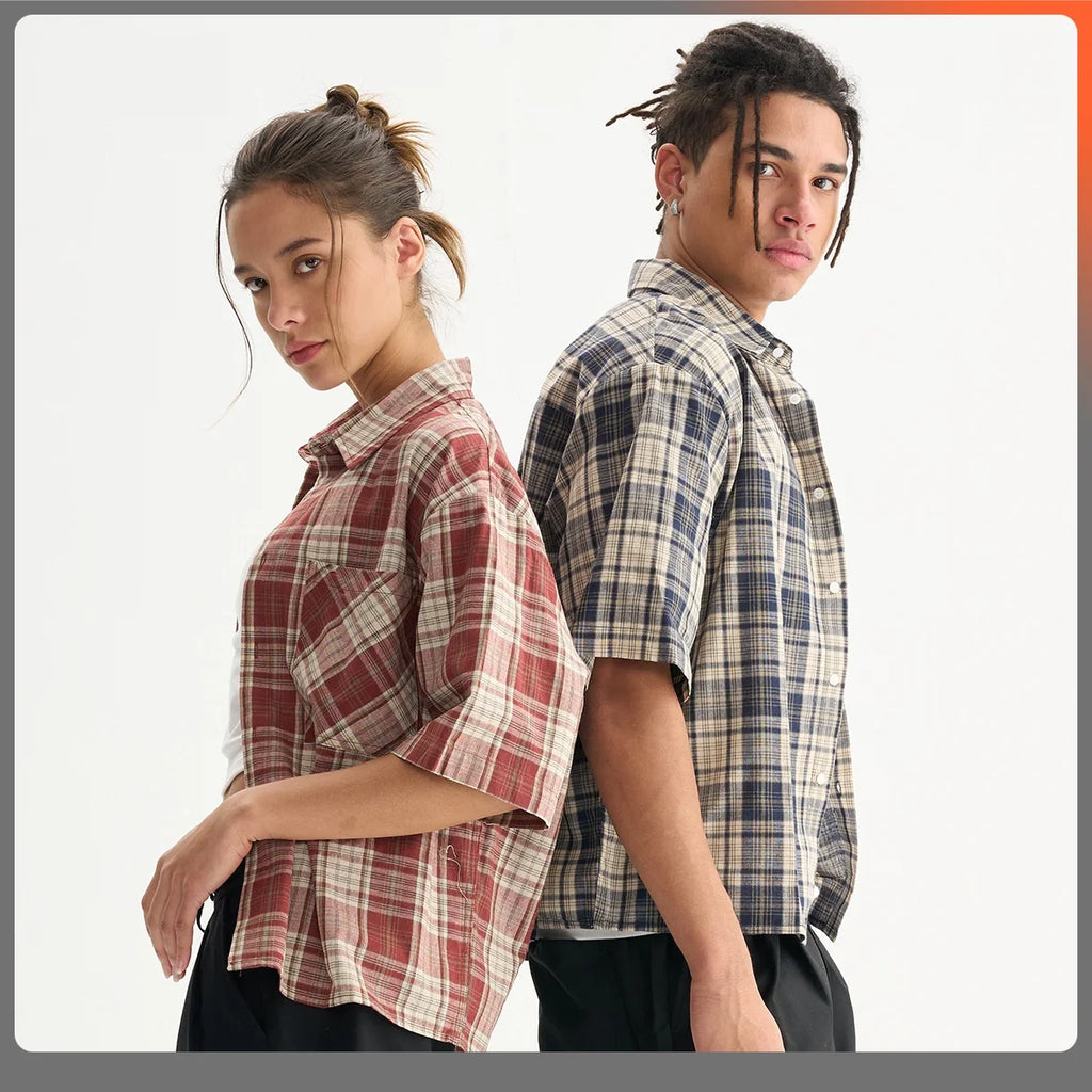Mens 100% Cotton Short Sleeve Cropped Plaid Shirt for Summer Boxy Fit Button Up Custom Flannel Fashion Street Clothes Unisex