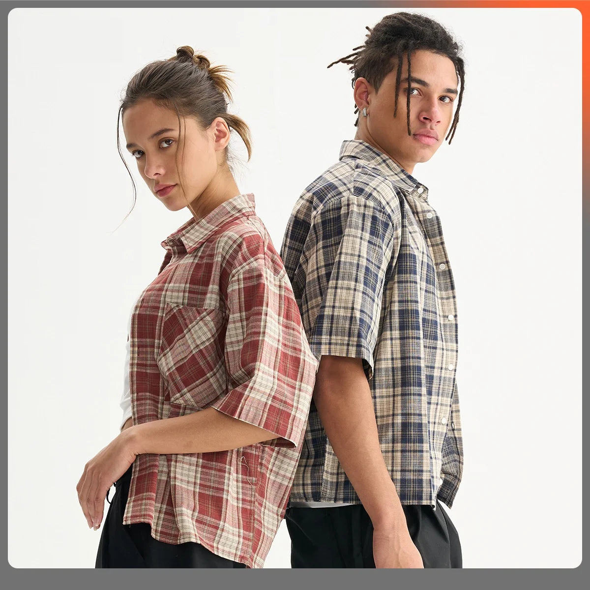 Mens 100% Cotton Short Sleeve Cropped Plaid Shirt for Summer Boxy Fit Button Up Custom Flannel Fashion Street Clothes Unisex