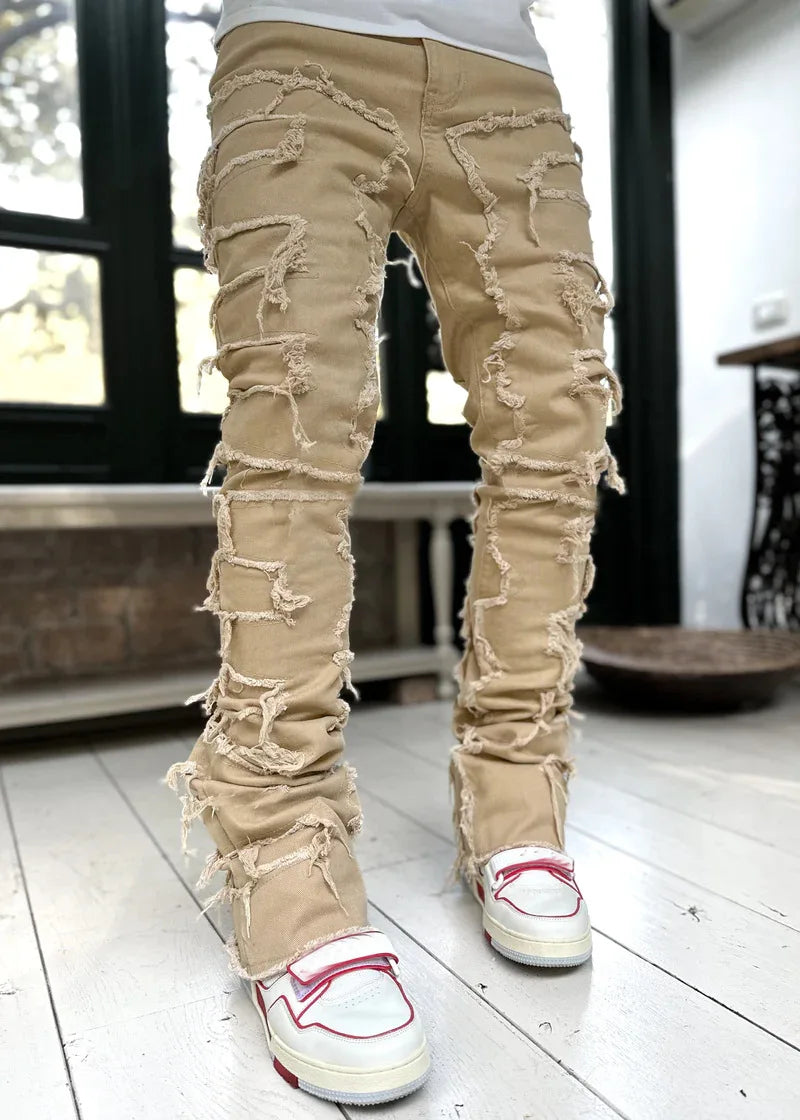 2026 New Men's Denim Straight-Leg Pants, European and American Street Fashion Ins Stretch Patch Denim Straight-Leg Pants