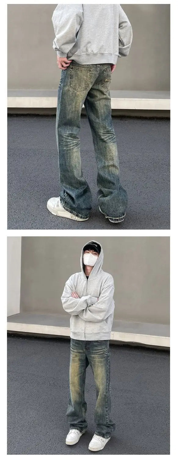 Mens Vintage Washed Distressed Loose Flare Denim Jeans