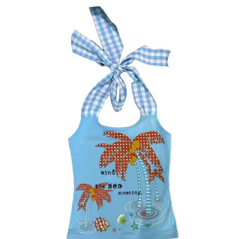 Erwofeina Hotsweet Blue Patchwork Plaid Halter Tops 2000s Clothes Y2k Sleeveless Camis Summer Tank Tops Beach Camisole Chic