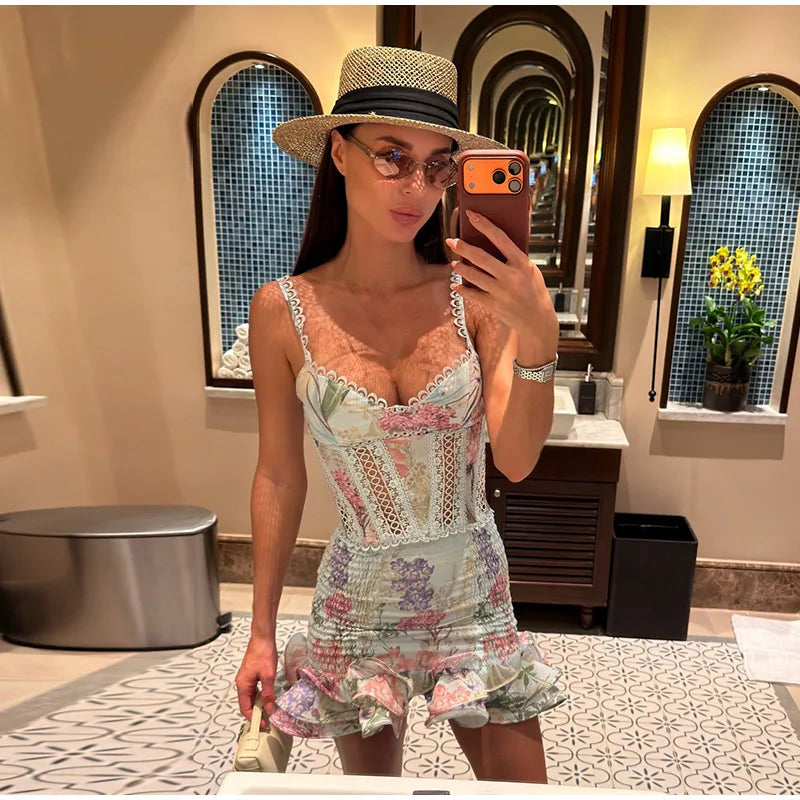Women's Printed Dress V-neck Lace Hollow Out A-line Spaghetti Strap Pleated Lady Dresses 2026 Summer Chic Female Sexy Party Robe