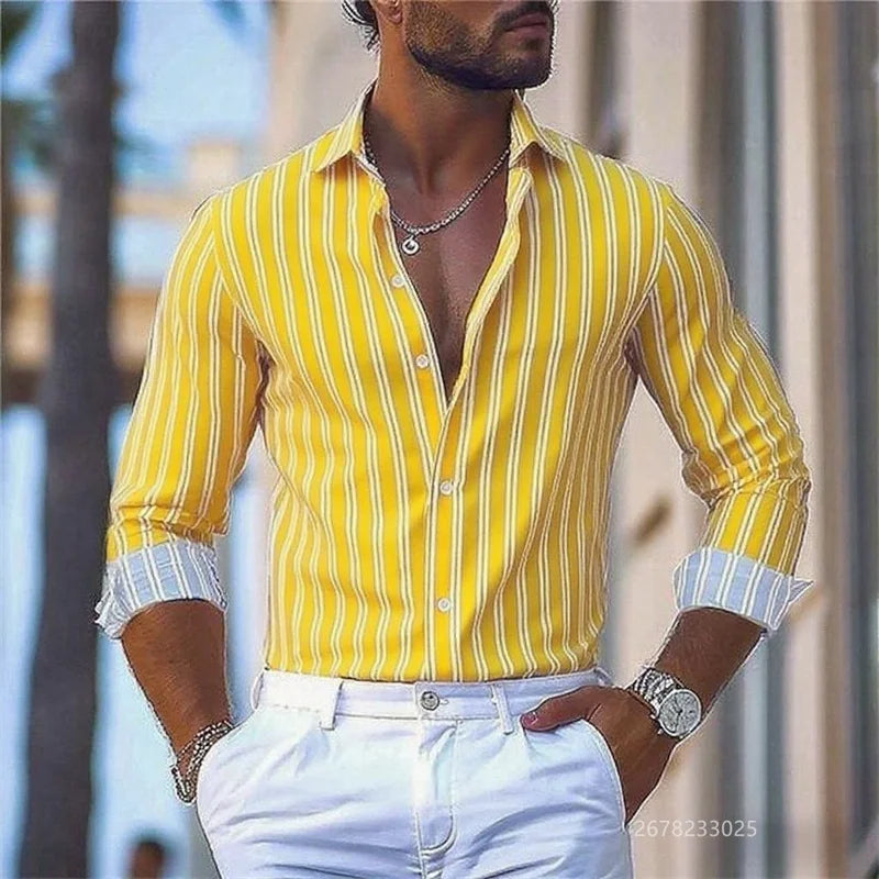 15 colors men's striped long-sleeved shirts, business office men's tops, spring and autumn lapel shirts, high-quality shirts