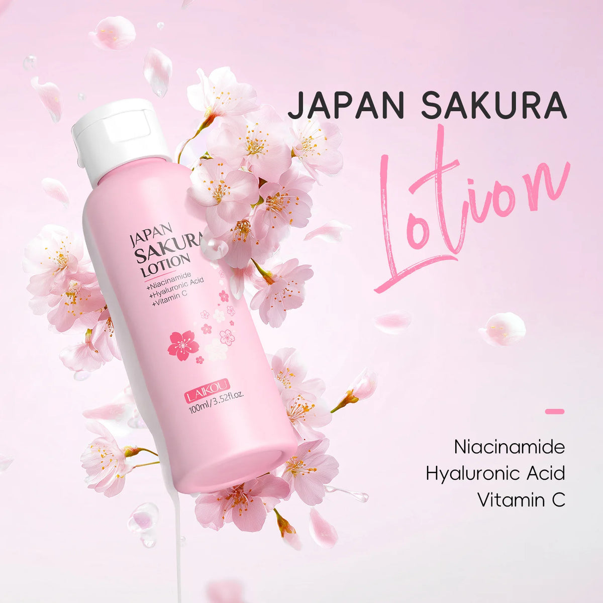 LAIKOU Sakura Lotion 100ml Niacinamide HA VC Hydrating Essence Shrink Pores Nourish Skin Brightening Elastic Facial Care