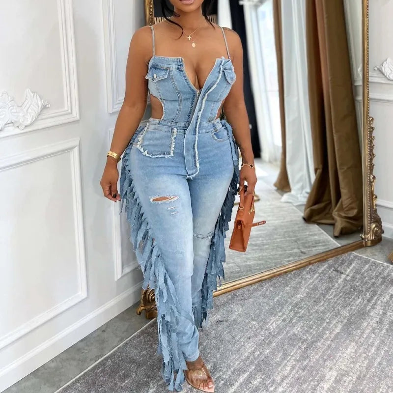 Side Tassel Holes Camisole Denim Jumpsuits Zipper Strapless Spaghetti Straps Backless Stretch Jeans Overalls Casual Streetwear