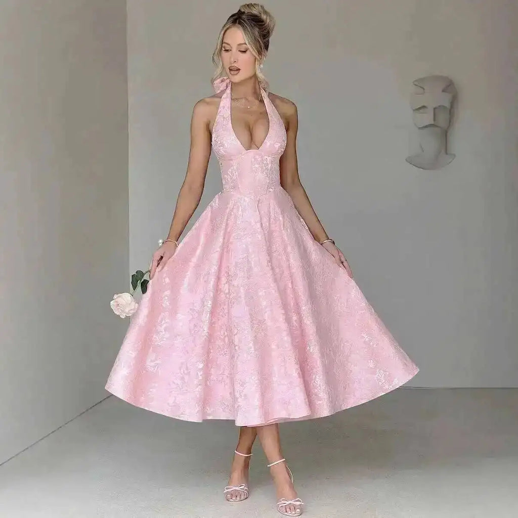 Giyu Club Evening Party Dresses Women 2025 Summer Sexy Bow Halter Long Dress Elegant Jacquard Lace Up Backless Birthday Robe