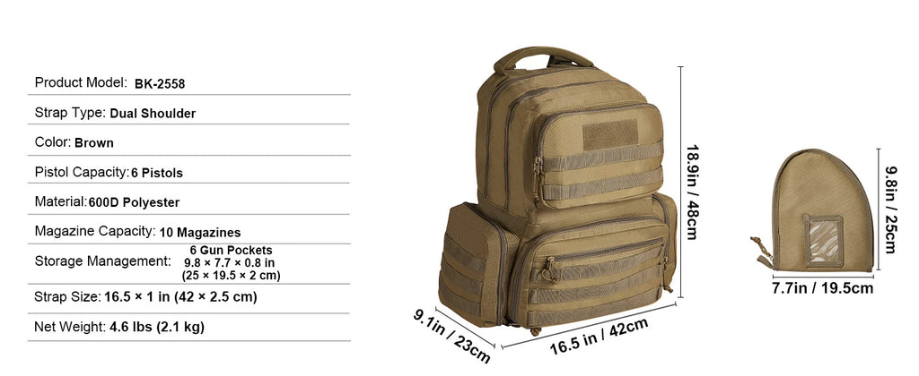 SucceBuy Tactical Range Backpack 2/6 Pistols Gun Backpack with Independent Pistol Bags and Magazines Pistol Backpack for Outdoor