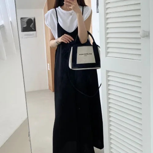 Versatile Loose Fit Slimming Shoulder Strap Pants Casual Pants Jumpsuit 2 Colors Drapey Comfortable Mid-aged Women's Pants