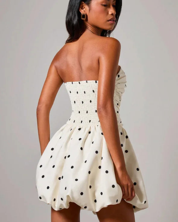 Polka Dot Print Tube Top Dress Summer Women's New Casual Loose Sexy Sleeveless Short Puffy Dress Vestidos De Fiesta Elegantes
