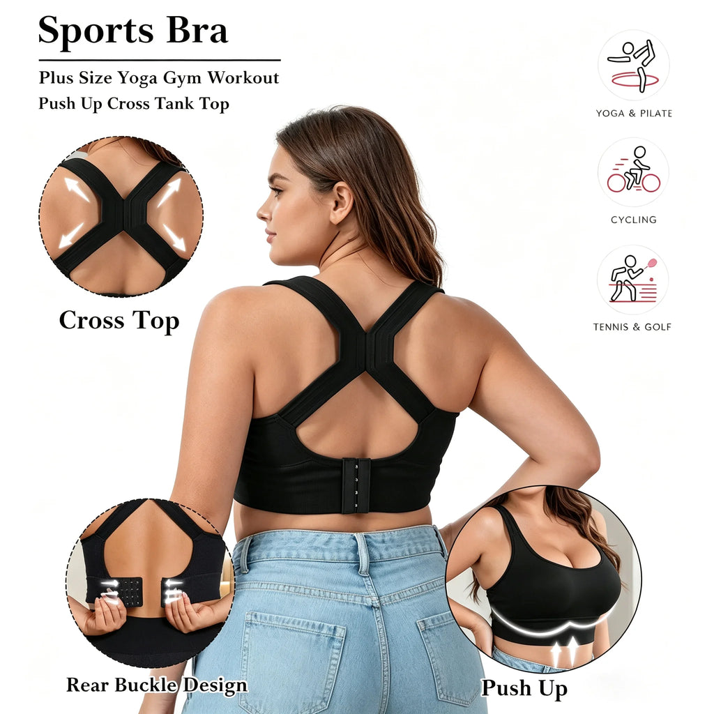 Women's Sports Bra Plus Size Back Closure High Impact Workout Sport Cross Top Breath Lingerie Gym Push Up Bra Seamless Running