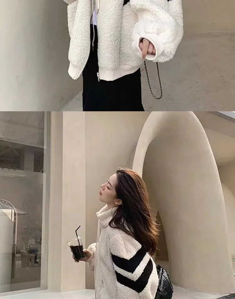 Women Causal Color Block Fleece Jacket Drawstring Zip Up Loose Contrast Striped Warm Winter Coat for Daily