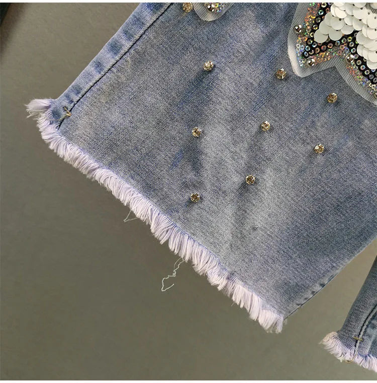 Ladies' Beaded and Sequined Denim Cropped Pants, New Summer Style, Raw-edge Straight-cut, Slim-fitting, Versatile Shorts