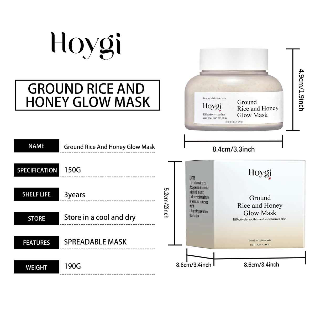 Rice&Honey Moisturizing&Brightening Mask, Dual Glow,Hydrolyzed Rice Protein Skin Barrier,Pore Minimizing & Refining,Deep Moisture Injection with Glycerin,Non Drying Clay,Gentle Exfoliation For Smooth Texture,Vegan&Cruelty Fre