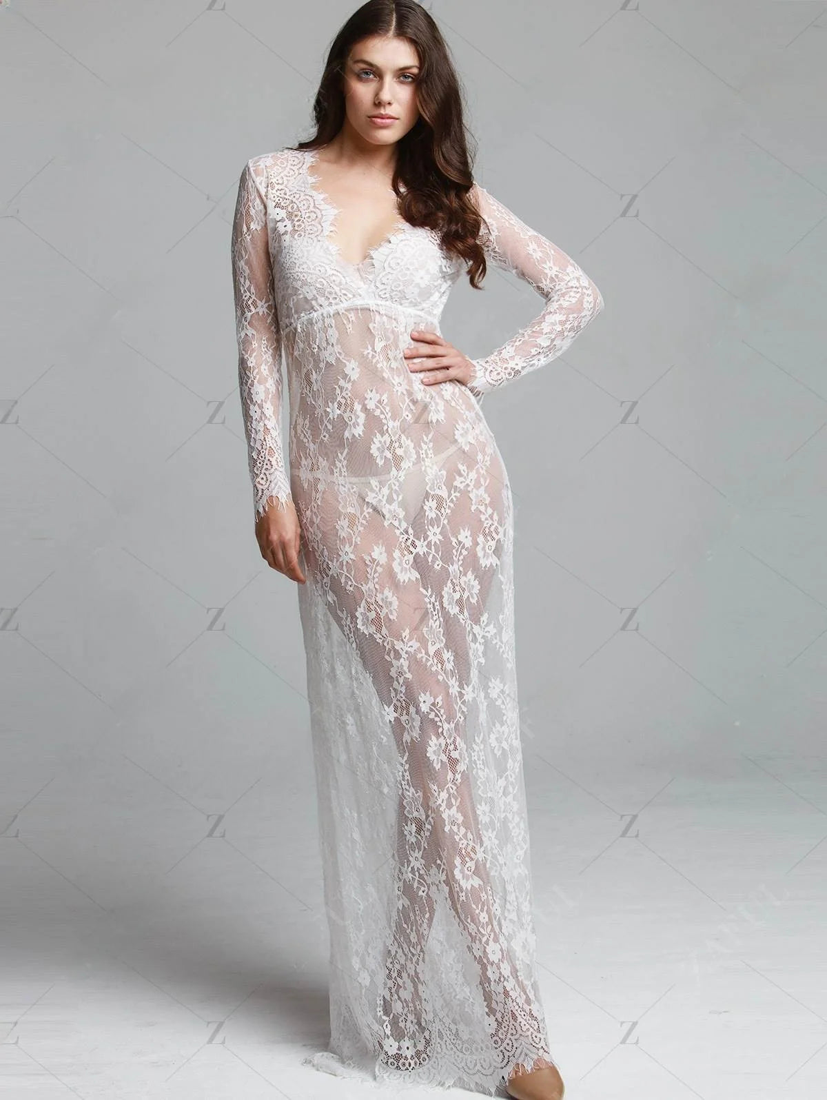 Fashionable Sexy Deep Collar Long Sleeve Lace See-through Bodycon Gown Trendy Women's Dress Elegant Draped Skirt Maxi Dress