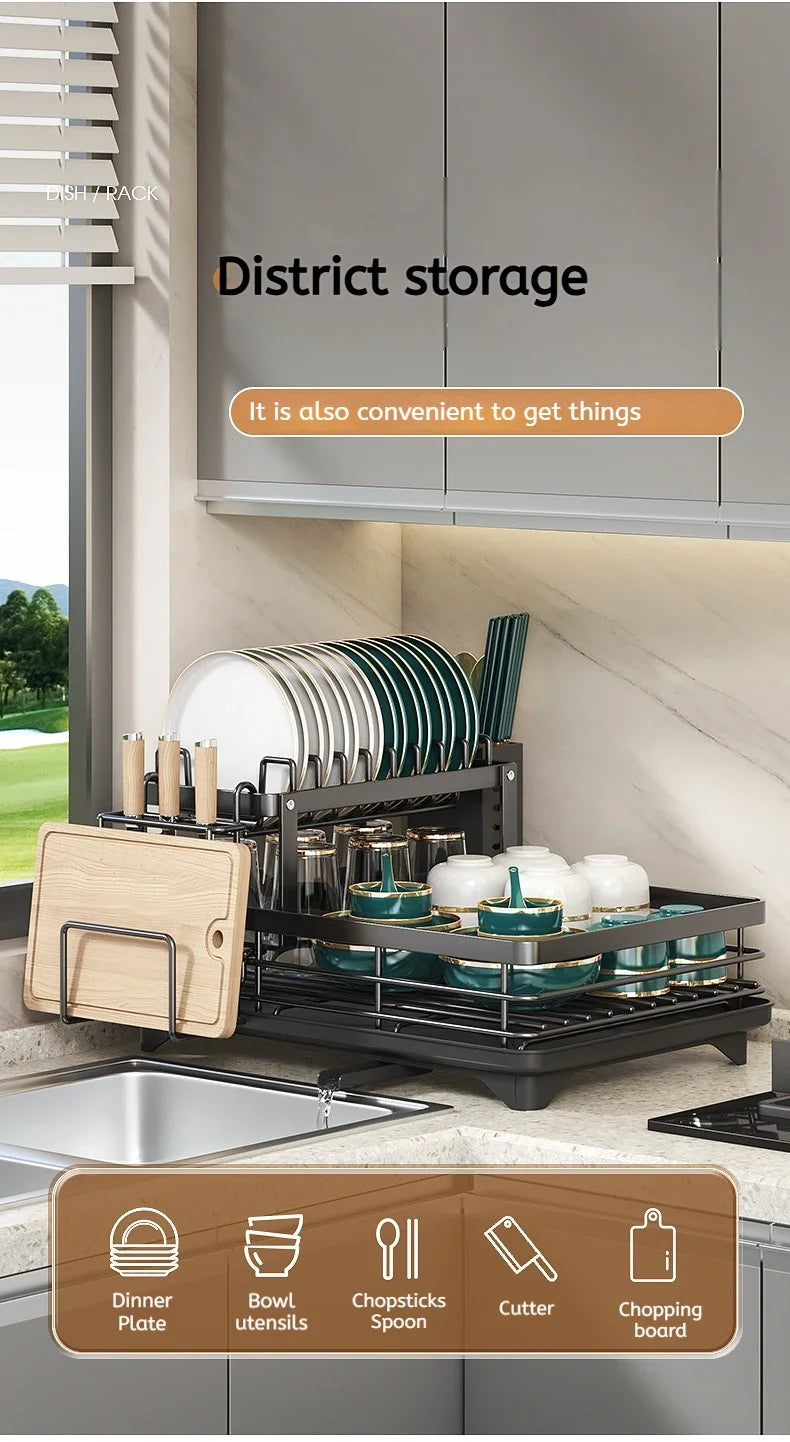 Dish Drying Rack Adjustable Kitchen Plates Organizer with Drainboard Over Sink Plate Drainer Storage Organizer