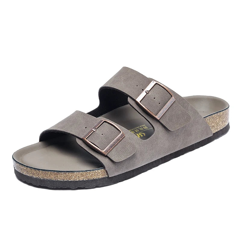 Summer Men Women Cork Slippers Clogs Microfiber Leather Slides Casual Slip On Sandal Double Buckle