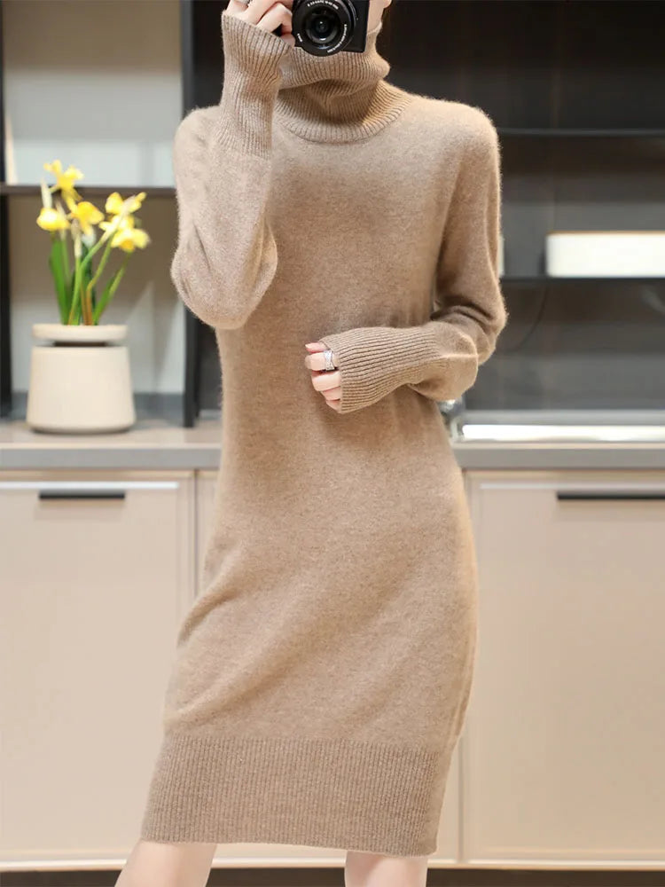 Elegant Cashmere Sweater Womens Dresses 100% Merino Wool Autumn Winter Turtleneck Knitted Dress Female Casual Long-Sleeve Skirts